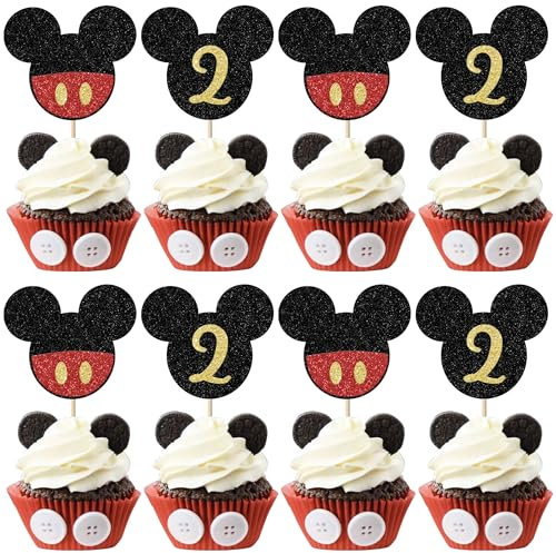 SYKYCTCY 24 Pack Mouse Inspired Cupcake Toppers Glitter Mini Mouse 2 Second Birthday Cupcake Picks Decorations for Baby Shower Kids 2nd Birthday Theme Party Supplies