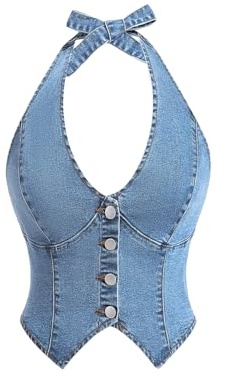 Milumia Women's Denim Halter Top Tie Backless Button Front Slim Fit Vests