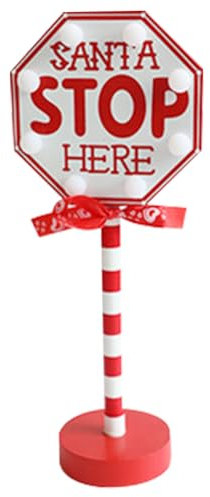 rupusiner Santa Stop Here Sign Light up Small Standing Christmas Signs with Wooden Base Vintage Rustic Sign Ornaments for Christmas Decorations No Battery Style1Santa Stop Here