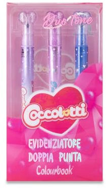 Colourbook - Set 3 Evidenziatori Duo Tone Coccolotti, Doppia Punta, Punta Sottile 2 in 1, Official Licensee