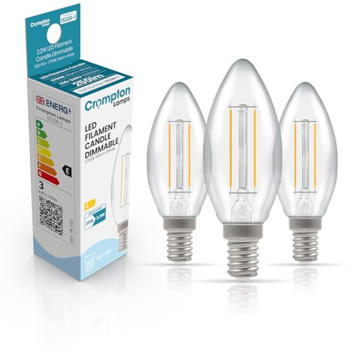 Crompton Lamps Filament Candle LED Light Bulb SES-E14 | 2.2W = 25W Equivalent | Warm White 2700K | Energy Efficient | Small Screw Lightbulb | Long Life 15000-Hrs | Clear Glass | Dimmable | 3-Pack
