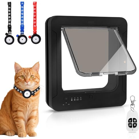 Intelligente Katzentür für innen und außen, Klappenöffnung ist 19 cm (H) x 17,8 cm (B), RFID-Katzentür mit 3 RFID-Halsband-Sensorschlüsseln und 1 Fernbedienung und 4-Wege-Verriegelungs-Katzenklappe