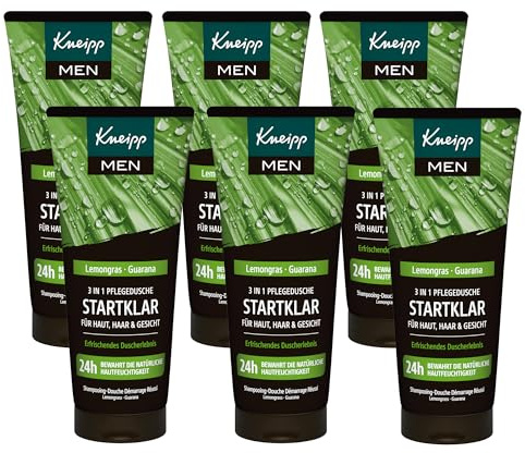 Kneipp MEN 3 in 1 Pflegedusche Startklar – Für Haut, Haar & Gesicht - Mit ätherischen Ölen und Extrakten aus Lemongras & Guarana - Multipack 6 x 200ml