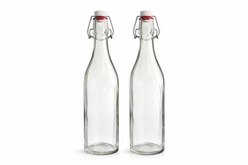 isigno Botellas de Vidrio 1L con Cierre Hermético Pack de 2 Botellas Reutilizables con Tapón de Clip Botella Cristal para Agua Zumo, Bebidas Caseras