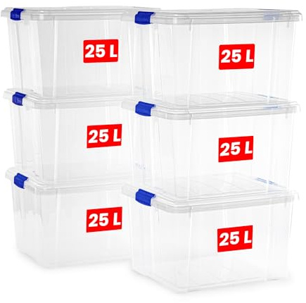 PlasticForte – Pack de Cajas de Almacenamiento de 25 y 16 L con Tapa - Plástico Resistente, Apilables y Transparentes - Organizador (Azul, Pack 6, 25, Litros)