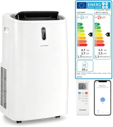 COSTWAY Klimaanlage mobil 16000BTU, Klimagerät mit Abluftschlauch | 5 in 1 Kühlen & Heizen & Entfeuchten & Schlafmodus für Räume bis zu 150 m³, Fernbedienung/App, 24H Timer, 4700W, ≤57dB