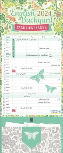 Familienplaner English Backyard Zetteltasche 2024: Familienkalender, 4 große Spalten. Familientimer mit Ferienterminen, extra Spalte, Vorschau bsi ... und Zetteltasche. Format: 19 x 46 cm