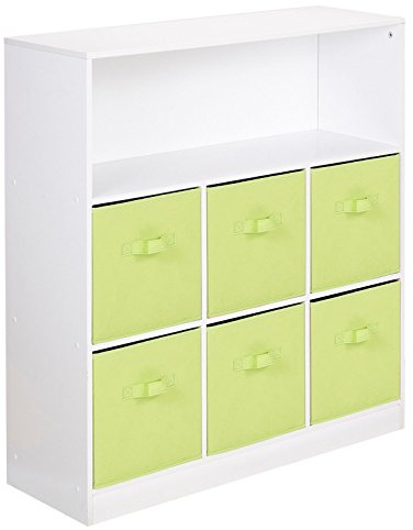 URBNLIVING White Wide 7 Cube Bookcase + 6 Green Non Woven Drawers