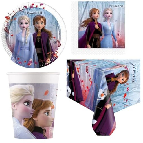 Set 37pz - Kit Coordinato tavola FROZEN principessa Regina dei Ghiacci con Anna, Elsa - decoro tavola buffet feste, party per bambini - 8 piatti dessert +8 bicchieri + 20 tovaglioli + 1 tovaglia