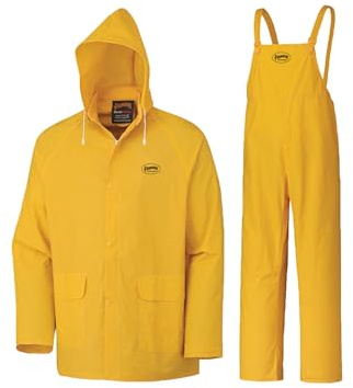 Pioneer Waterproof PVC Work Suit for Men – Repel Rain Gear Yellow Safety Jacket and Bib Pants - 3 PC Set With Detachable Hood - 5X-Large
