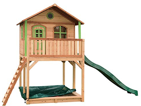 AXI Andy Playhouse for Children Outdoor, sandpit, green slide | Wooden Play house for the garden/outdoor in brown & green from FSC wood