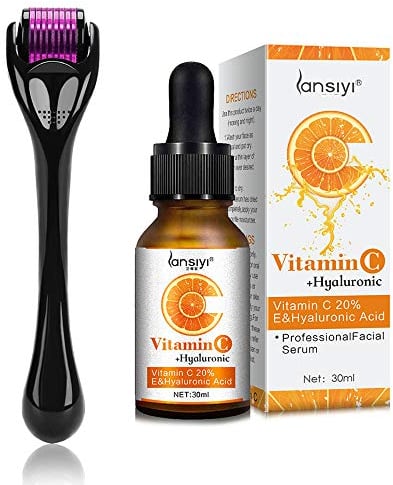Derma Roller Microneedling Kit für Gesicht 1,0 mm und Vitamin C Serum mit Hyaluronsäure Gesichtsserum – AG540 Titanium Microneedle Bio-Vitamin C 20% Serum Micro Nadeln Akne Narben Anti-Aging Falten
