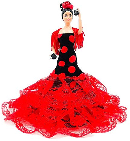 Folk Artesanía Sammelpuppe 19 cm. Andalusisches Flamenco-Regionalkleid mit Blume España. (Schwarzes Kleid mit roten Tupfen)