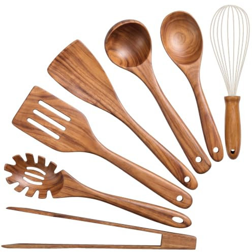 Wooden Kitchen Utensil Set, Wood Utensils Cooking Set Organic Teak Wood Spoons for Cooking,Spatulas Non-Stick for Cookware Kitchen Gadgets (7)