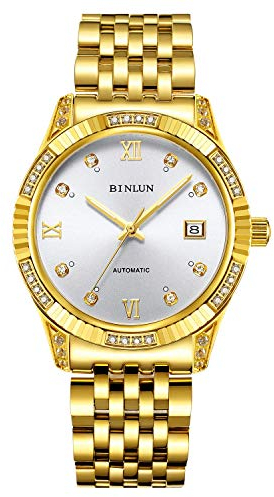 BINLUN Herren Gold Uhren Automatik Armbanduhr leicht lesbares Zifferblatt einfache Uhr Diamant Gold plattiert mechanische Armbanduhr für Männer Leuchtzeiger Armbanduhren(Silber Zifferblatt)
