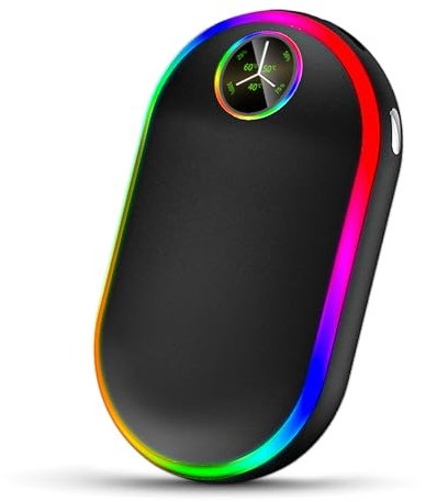 Handwärmer Wiederaufladbare mit Lichtern (7 Farben), Wiederverwendbar 10000mAh USB Taschenwärmer, Tragbare Elektrische Handwarmer, Wintergeschenk für Männer und Frauen (Schwarz)
