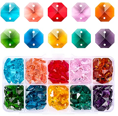 MissAudrey 100pcs 14mm Crystal Glass Octagon Beads Multicolour Crystal Chandelier Prisms Parts Replacement Beads DIY Lamp Hanging Pendant Suncatcher
