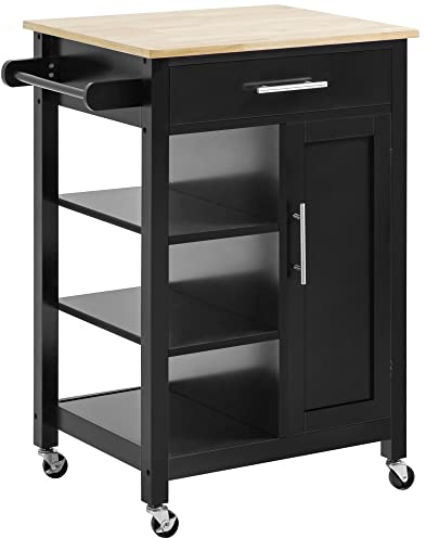 HOMCOM Desserte de Cuisine à roulettes Chariot de Service Style Contemporain - Porte, tiroir, 3 étagères - poignées métal Plateau Bois hévéa Noir