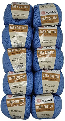 10 x 50g Strickwolle YarnArt Baby Cotton mit 50% Baumwolle, 500 Gramm Wolle einfarbig (blau 448)