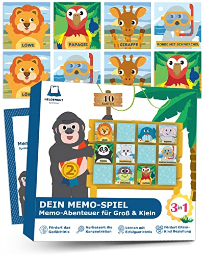 HELDENGUT® 3in1 Memorie für Kinder ab 2 Jahre - 7 Spielmöglichkeiten & Memo Karten Design - Kinderspielzeug ab 2 Jahre bis 6 Jahre - Lernspielzeug
