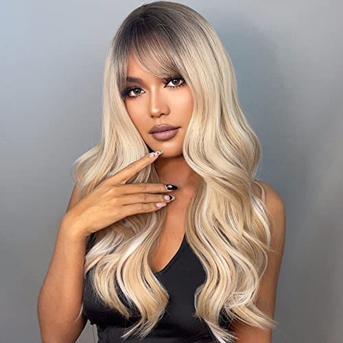 Layhou Lange Perücke Schwarzer Farbverlauf Hellgold, Sexy Gewelltes Haar Perücken mit Haarnetz, hitzebeständiges Synthetik für Frauen, Cosplay, Party, täglicher Gebrauch