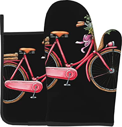 Retro-Fahrrad-Ofenhandschuhe und Topflappen-Set, rot, für Küche, dekoratives Grillen, Kochen, Backen, Grillen, hitzebeständig, waschbar für Theke