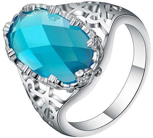 Whoiy Ring Zirkonia Aquamarin, Boho Ringe Silber Eheringe Hohles Muster 54 (17.2) Verlobungsring für Frauen