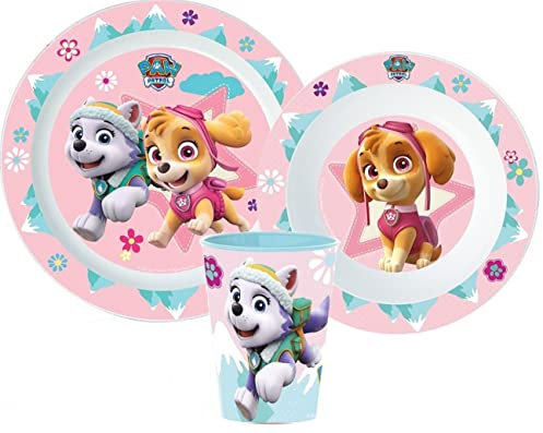 Microwave Safe 3pcs Cartoon Character Dinner Tableware Set Plate, Bowl & Cup, BPA Free re-usable Plastic (Paw Patrol Girl)