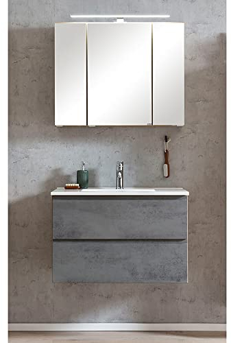 Lomadox Waschplatzset inkl. Waschbecken und LED Beleuchtung, Wotan Eiche Nb. mit Beton Optik, B/H/T ca. 80/200/47 cm