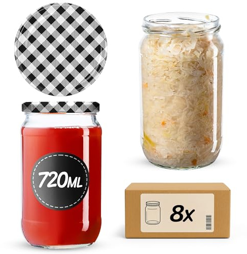 KADAX 8er Set Einmachgläser 720ml TO82 Schwarz kariert, Große Sturzgläser mit Schraubdeckel, Einkochgläser Fermentierglas für Gurken, Gemüse, Sauerteig
