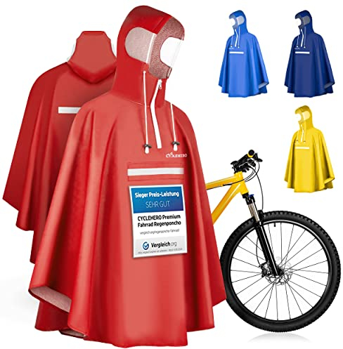 Regenponcho Fahrrad extra wasserdicht und robust - TEST SEHR GUT - Premium Regencape Fahrrad mit Reflektoren, Sichtfenster - Regenbekleidung als Regenponcho Herren und Damen - Regenjacke Rot in XL