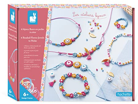 Janod - Bastelset 6 für Blumenschmuckstücke aus Bastelperlen - Les Ateliers Bijoux - Kreatives Hobby Kinder - Feinmotorik und Kreativität - Ab 6 Jahre - J07998