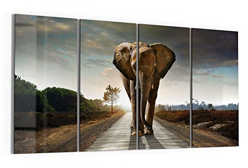 DEQORI Glasbilder Echtglas | Motiv Elefant auf Asphalt | horizontal 4-teilig 120x60 cm | große XXL Deko | Wandbilder für Wohnzimmer, Schlafzimmer, Flur & Küche | moderne Wanddeko