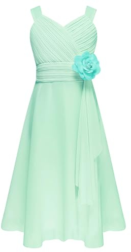 Agoky Mädchen Chiffon Kleider Festlich Partykleid Brautjungfernkleid für Hochzeit Festzug Kleidung mit Blumen Plissee Rock gr. 104-164 Mint Grün D 164