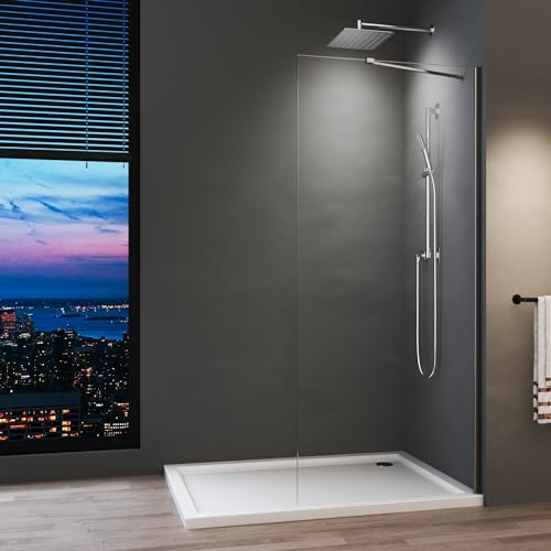 Walk in Duschwand 75x195 cm Walk-In Dusche mit Stabilisator 6 mm Nano Sicherheitsglas Duschtrennwand auf Duschtassen oder Boden montierbar,Ohne Duschwanne