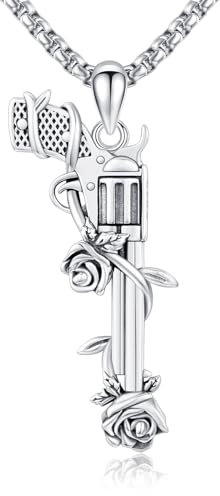 TRISHULA Sterling Silver Punk Necklace Gun and Rose Charm Pendant for Adults, Men and Women, Punk Enthusiasts, Rock Music Fans, Trend-Conscious Individuals