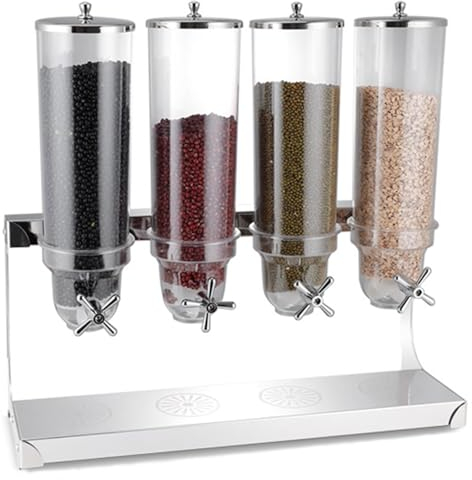 Four Head Cereal Dispenser, Countertop Dry Food Dispenser Cereal Containers Storage Dispenser with PC Barrel and Steel Base for Home and Kitchen, Silver (14L)