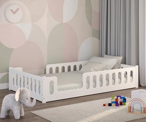 CADANI Monte 2in1 Bodenbett 120x200 cm Montessori Kinderbett weiß, Rausfallschutz abnehmbar, 41 kg schwer, bis 200 kg belastbar, extra starker Roll-Lattenrost, umbaubar