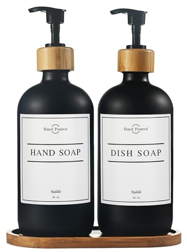 2 Pack Black Soap Dispenser with Bamboo Tray, 500ml Glass Soap Dispenser, Soap Dispenser Bathroom & Kitchen, Hand soap Dispenser, Refillable Glass Pump Bottle with Waterproof Labels