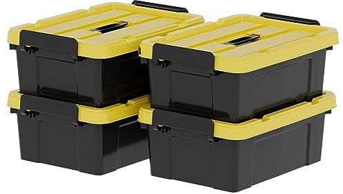 Cetomo 15L*4 Storage Boxes, Plastic Storage Box with Lids, Handle and Latching Buckles for Tool Outdoor Garden Garage Home, Durable, Heavy Duty, Stackable, Nesting, Black and Yellow, 15L(4 Pack)