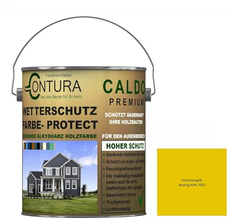 Contura Wetterschutzfarbe 1 Liter Holz Dauerschutzfarbe Deckend Buntlack Holzfarbe Holzlasur Seidenmatt (Sommergelb - RAL1023 Analog)