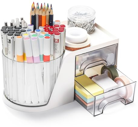 Dubest Schreibtisch Organizer mit Schublade Drehbar Stiftehalte 6 Fächer Multifunktionaler Aufbewahrung Tisch Organisation Schreibtischorganizer für Büro Schule Zuhause Stifte Schminktisch(Weiß)