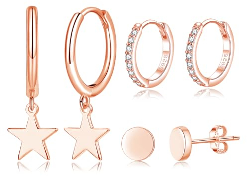 Loutade Silver & Rose Gold Earring Set - 3 Pairs Sterling Silver Hoops, Drops & Studs - Cartilage Sleeper with Star Dangling for Girls