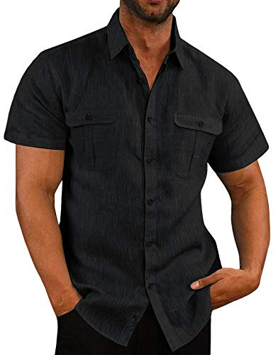 Leinenhemd Herren Kurzarm Sommerhemd Männer Freizeithemd Business Shirt Strandhemd mit Taschen, Schwarz, XXL
