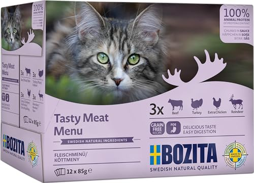 Bozita Nassfutter Häppchen in Sauce mit Fleisch - 12x85g Portionsbeutel getreidefreies & weizenfreies Futter für Katzen - Katzennassfutter für erwachsene Katzen mit 8,5% Protein & 4,5% Fettgehalt