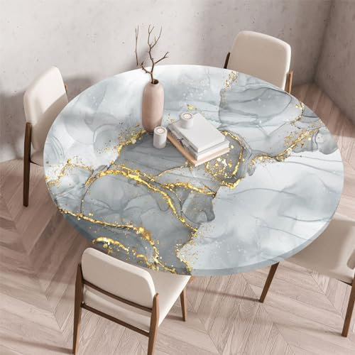 Highdi 3D Elastische Tischdecke Rund Abwaschbar, Spanntischdecke Rund Gartentischdecke Outdoor Round Tischdecke mit Gummizug für Esszimmer, Küche und Picknick (Stein D,120cm)
