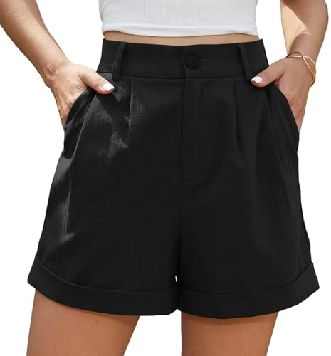 BEIGAI Damen Shorts Sommer Leinen High Waist Shorts mit Taschen | Leicht, Lose, Weites Bein, Freizeit, Elegant, Lässige, Kurze Hose, Strandshorts, Sommerhose