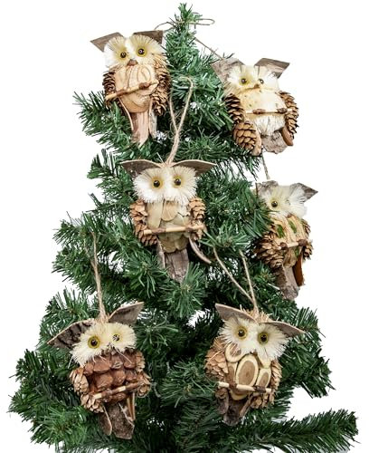 YCHTEWY-Owl Ornaments for Christmas Tree, Wood and Sisal, Set of 6 Assorted, Woodland Animals