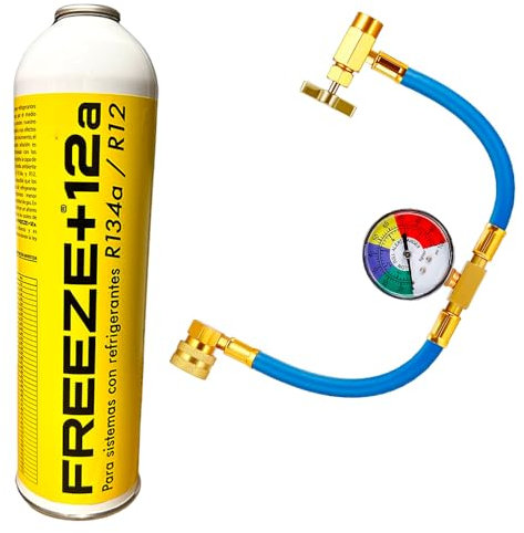 Genérico Gas Aire Acondicionado para Coche. 1 Botella Gas Refrigerante Freeze Organico +12a de 420Gr Sustituto R134a / R12 + Manguera de Carga con manómetro Control de Carga.