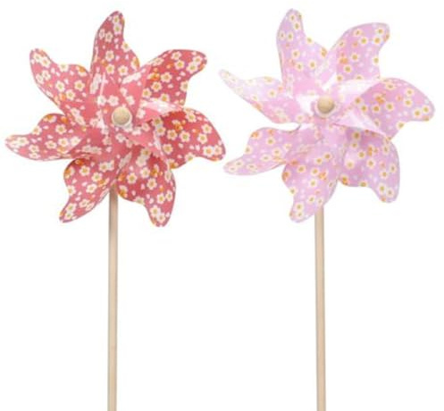 dekoratives Windrad Windmühle auf Stab PVC himbeerrosa und fliederfarbig mit weißem Blümchenmuster in verschiedenen Größen (mittel x 2)